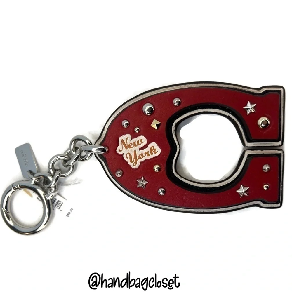COACH VARSITY C BAG CHARM (F23585) SILVER/TRUE RIVETED RED KEY CHAIN KEYCHAIN